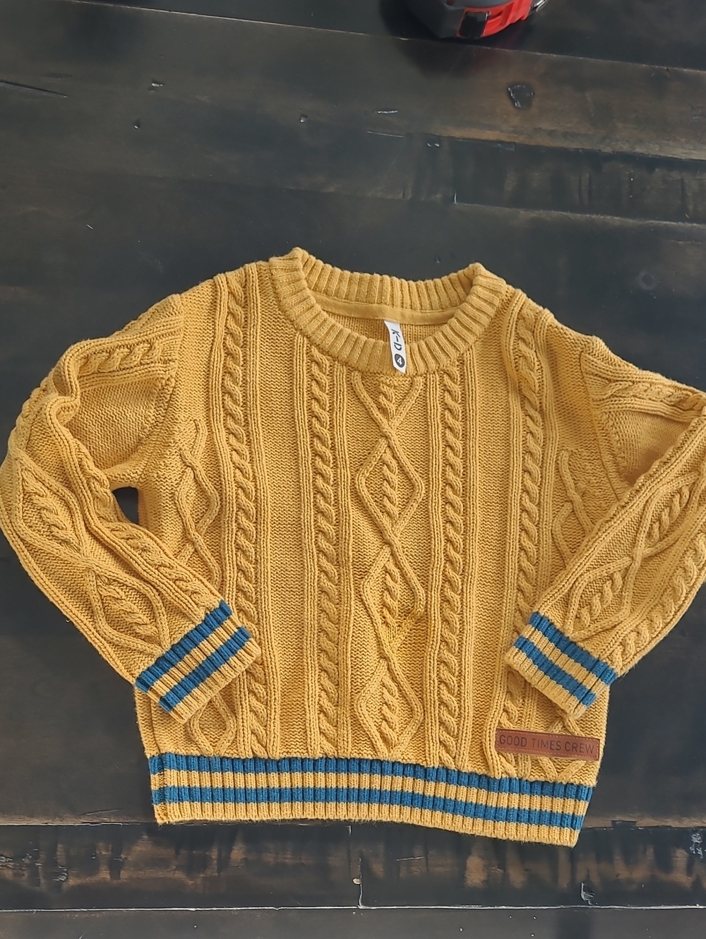 Size 4 Kid’s Mustard Cable Knit Sweater with Blue Stripe Trim
